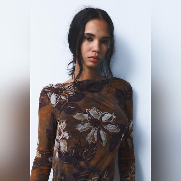 NWT ZARA PRINTED TULLEβDRESS Brown Winter Floral - Picture 9 of 12